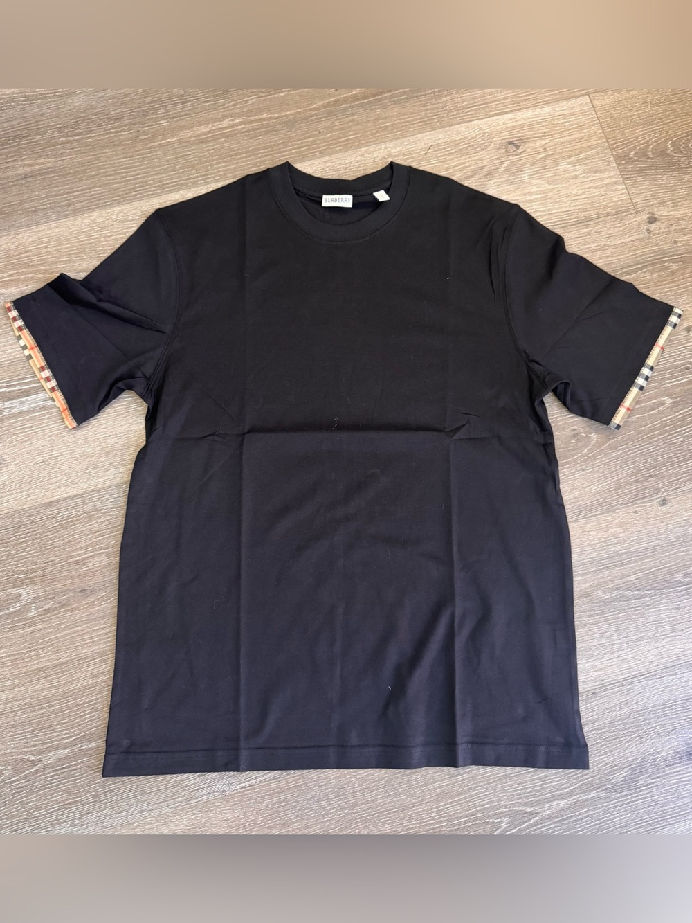 Burberry Black Short Sleeve Crewneck Tee with Signature Sleeve Trim